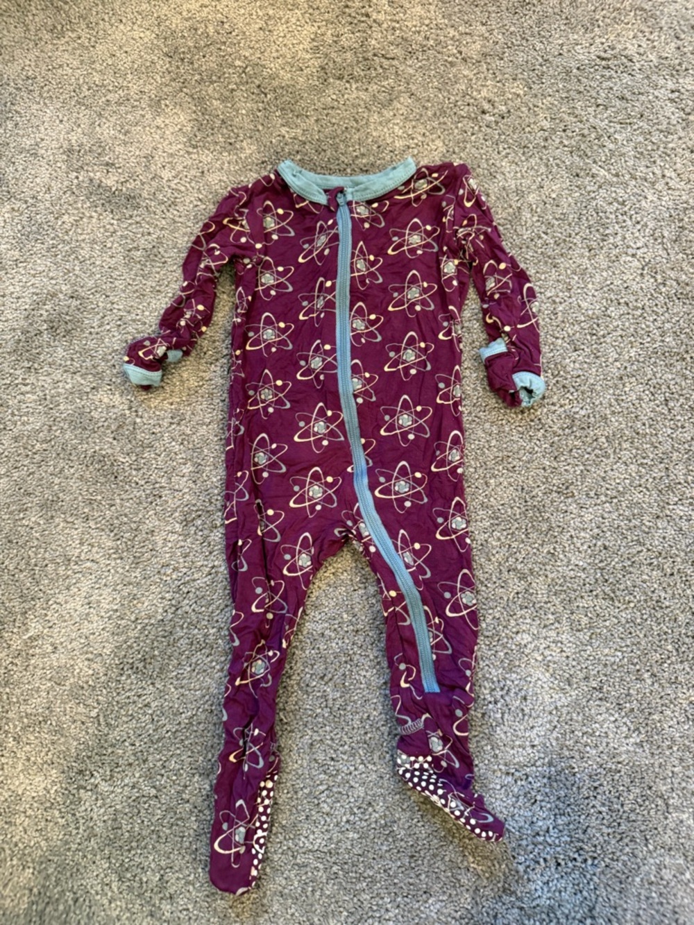 Kickee Pants Plum Atom Print Footed One-Piece with Teal Trim